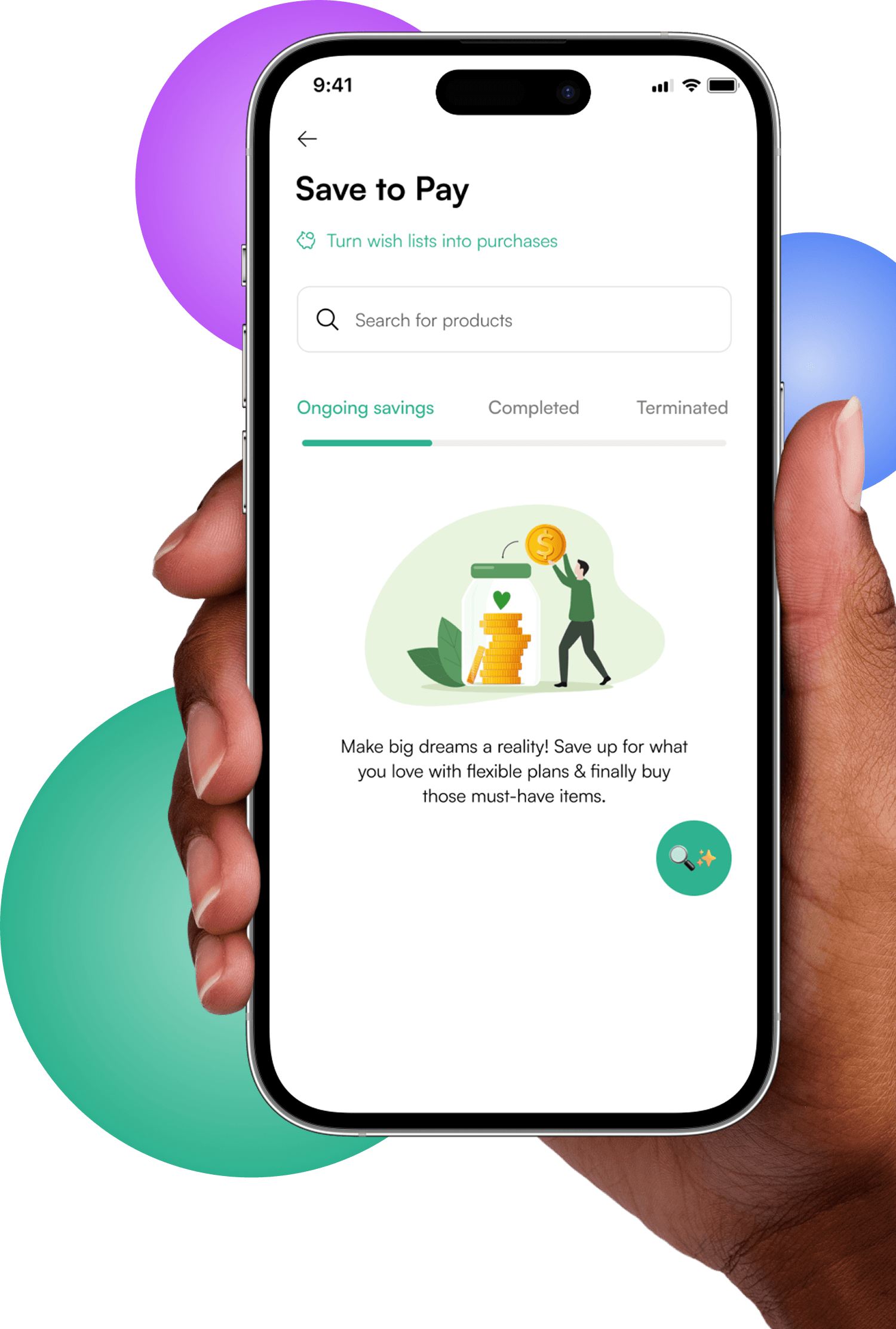 Hand holding a smartphone displaying the Nkwa Save to Pay feature, with decorative colored circles in the background.
