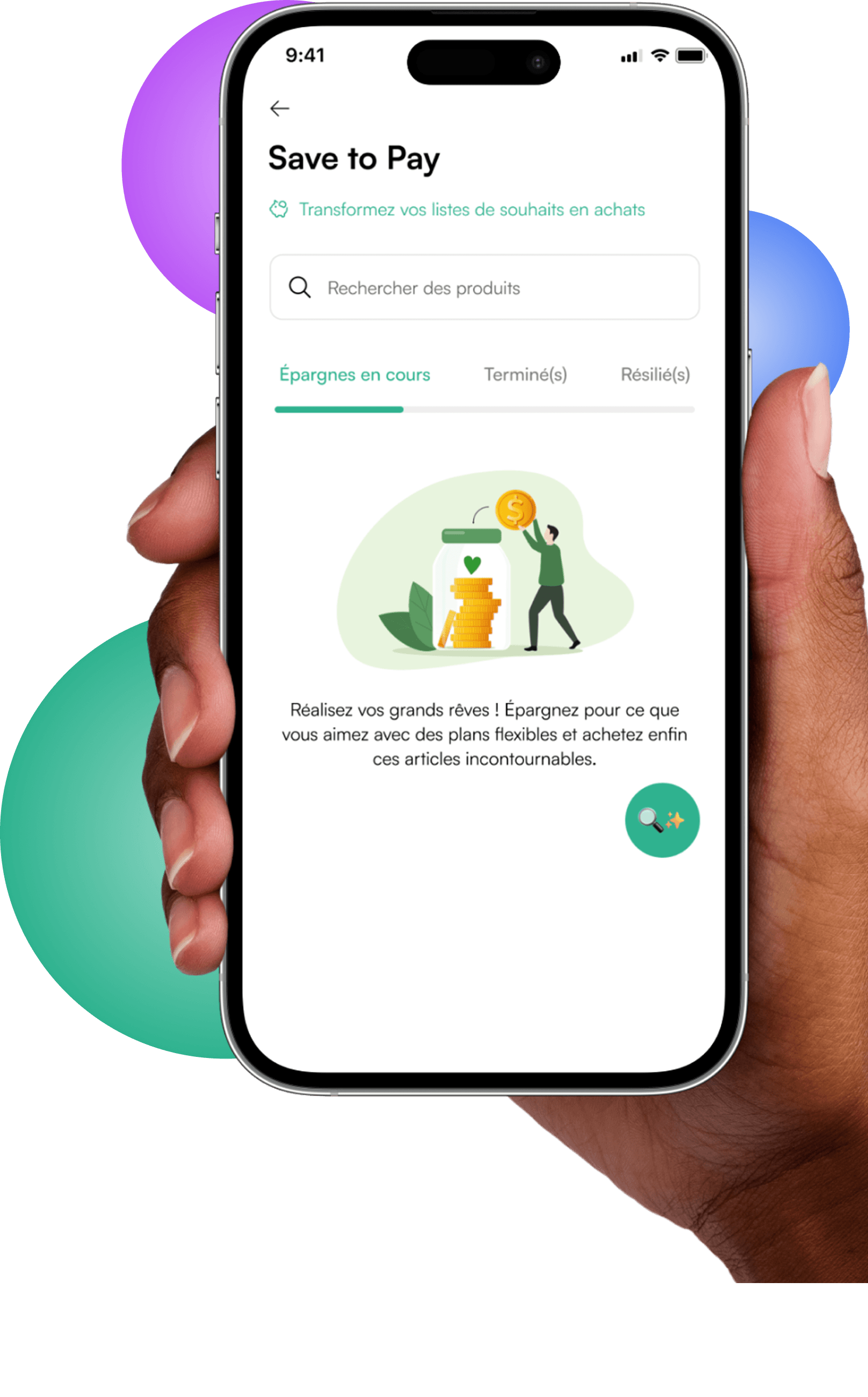 Hand holding a smartphone displaying the Nkwa Save to Pay feature, with decorative colored circles in the background.