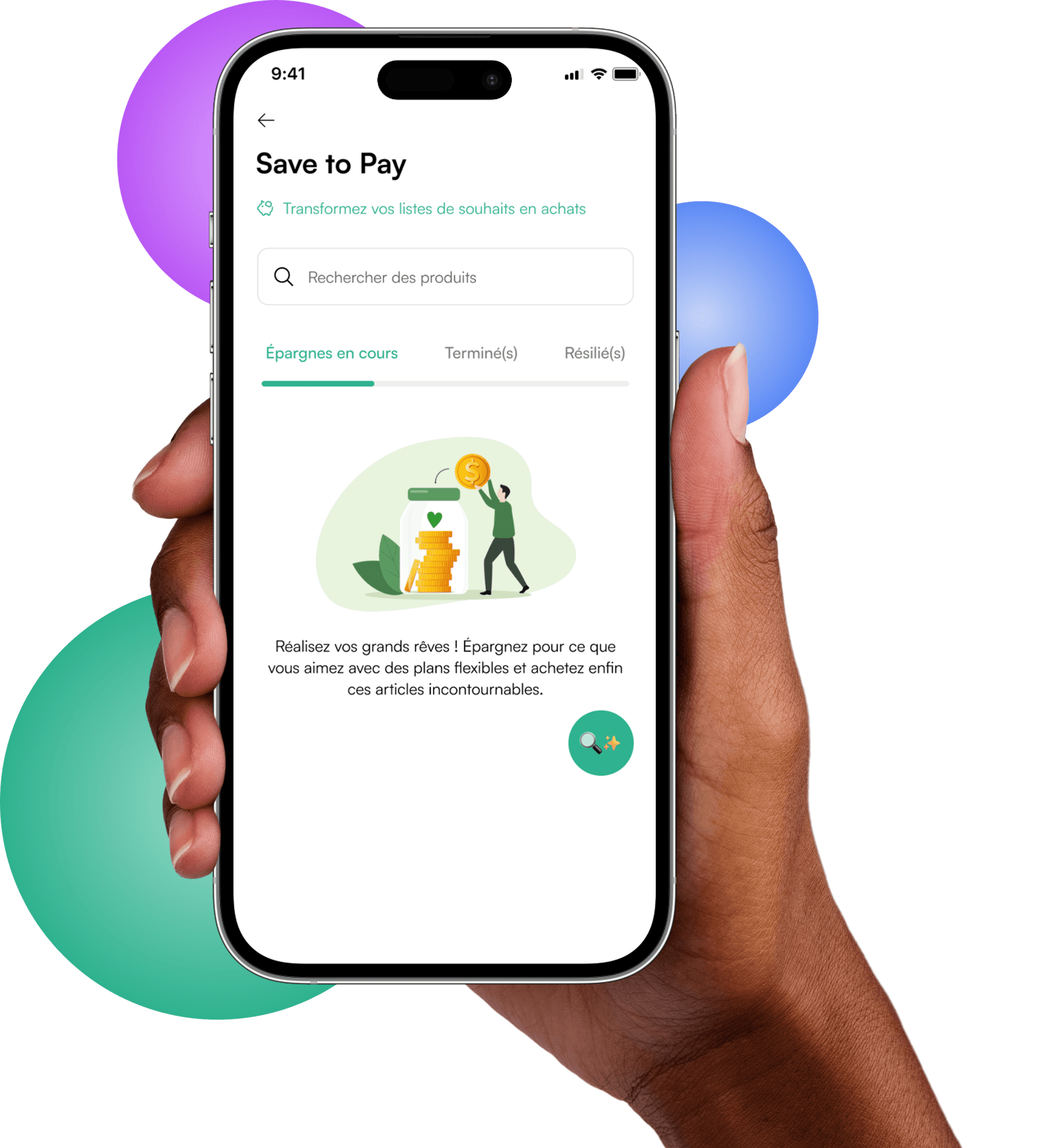 Hand holding a smartphone displaying the Nkwa Save to Pay feature, with decorative colored circles in the background.