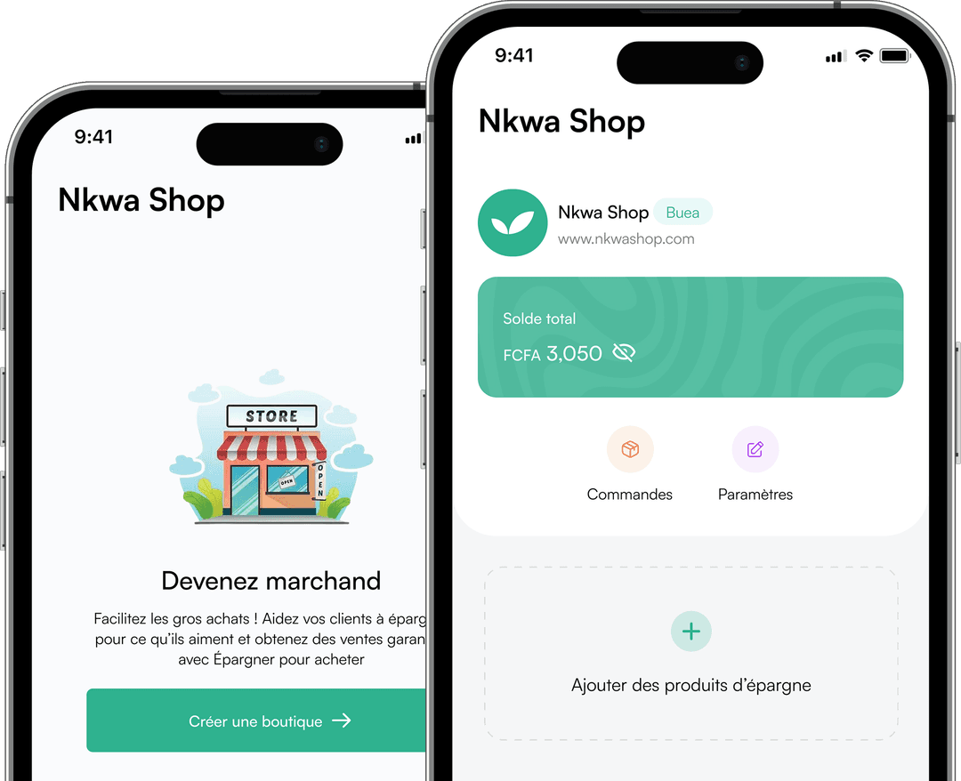 Two smartphones displaying the Nkwa Shop merchant interface.
