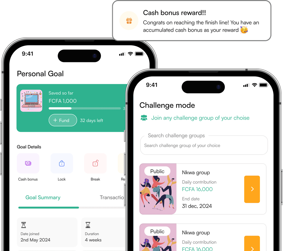 Screenshots of the Nkwa Goals feature showing personal and group challenge modes.